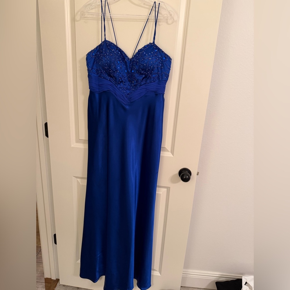 Dave & Johnny Beaded Spaghetti-Strap Formal Dress in Royal Blue
